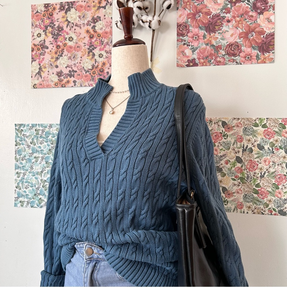 L.L. Bean Aegean Blue Size L Shawl Collar Cable Knit Long Sleeve Cotton Sweater
